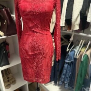 Guess Red Long Sleeve Lace Dress